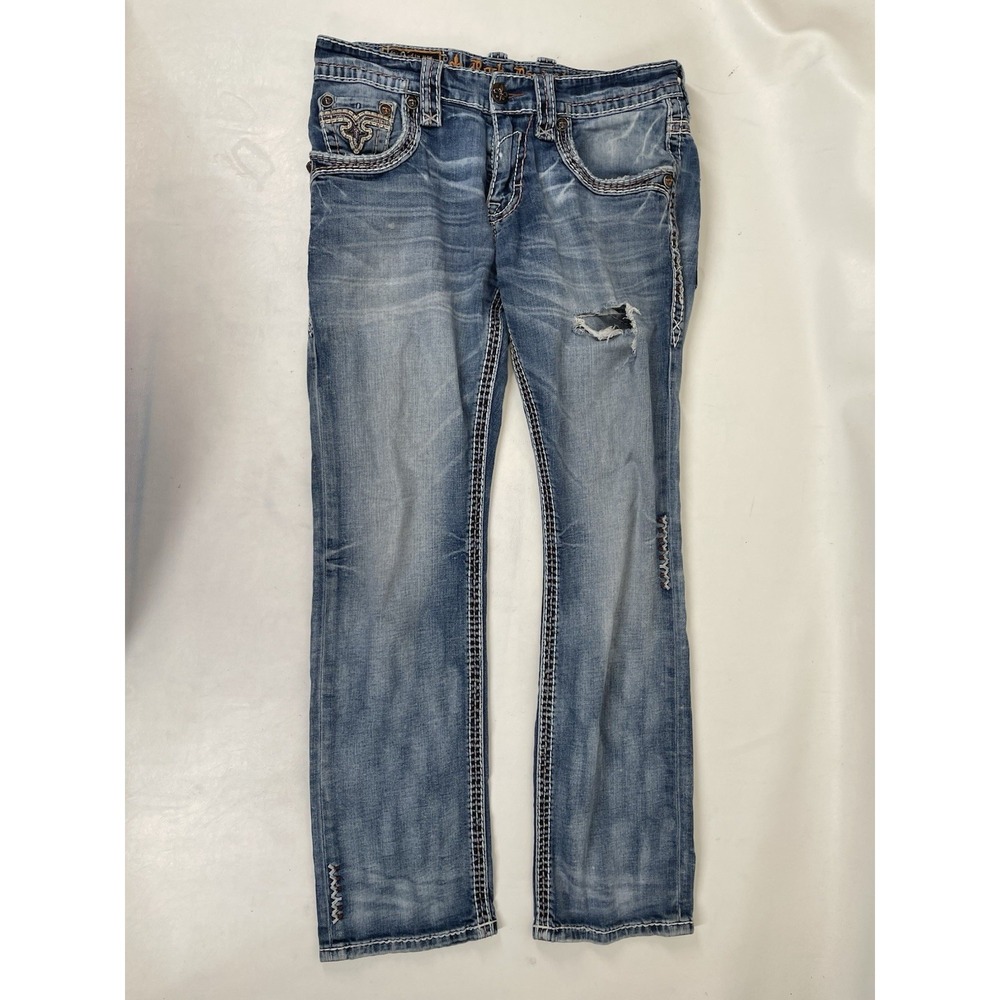 Rock Revival James White Patch Relaxed Straight Jeans Mens Size 32 Blue